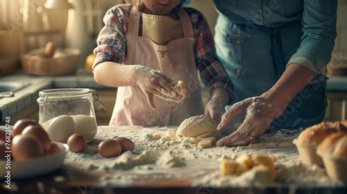 A child and adult knead dough together on a flour-dusted surface with baking ingredients around. photo
