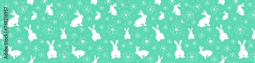 Cute Easter texture. Background with rabbits and flowers. Banner. Vector illustration
