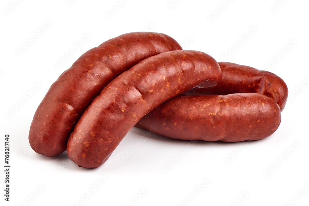 Smoked pork sausages, isolated on white background. High resolution image. Smoked pork sausages, isolated on white background. High resolution image.
