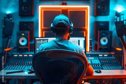 A male artist in a soundproof studio recording music with a computer mixing desk and audio engineer. Concept Music Production, Recording Studio, Soundproof Room, Mixing Desk, Audio Engineer photo