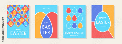 Colourful Easter greeting cards set. Modern style background with Easter eggs and geometric shapes. Vector illustration