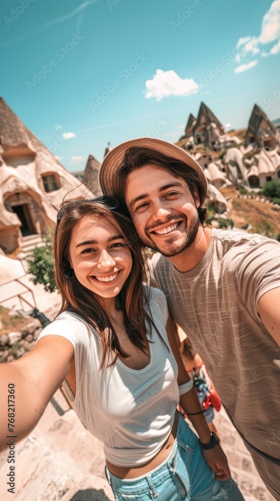 Obraz premium Happy young couple traveling, happy couple taking selfie against the background of a cultural tourist site