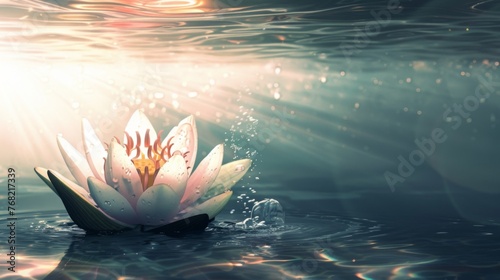 A solitary lotus flower illuminated by sun rays piercing through clear waters  resonating with the spiritual brightness of Vesak Day.