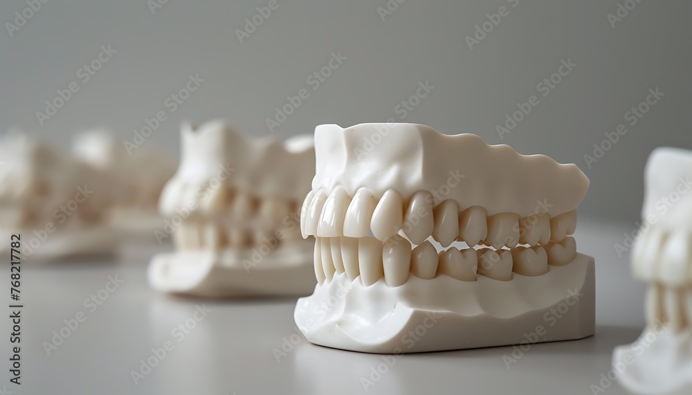 White artificial teeth mold on grey background, 3d render for dentist concept. White artificial teeth mold on grey background, 3d render for dentist concept.