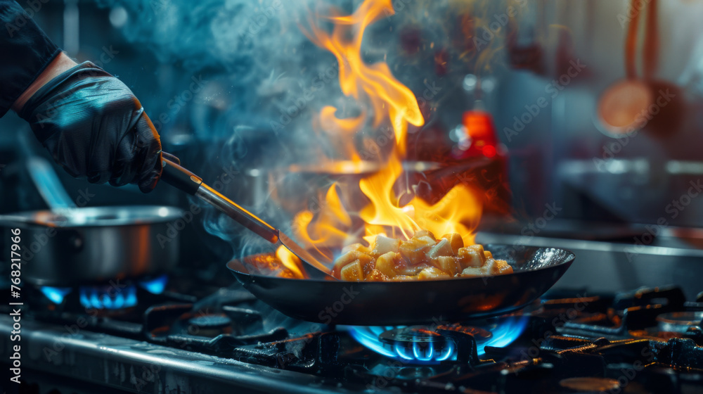 Flames engulf the contents of a pan held by a chef over a gas stove. Flames engulf the contents of a pan held by a chef over a gas stove.