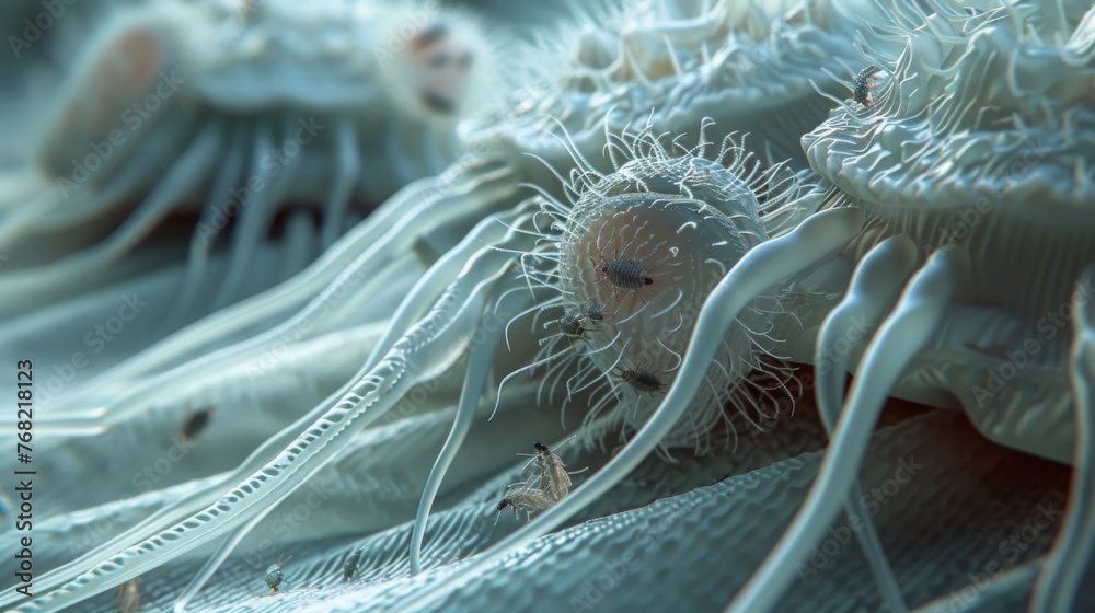 An ultra-close view of dust mites in their habitat, highlighting the hidden allergens in domestic environments with startling clarity and detail. - obrazy, fototapety, plakaty 