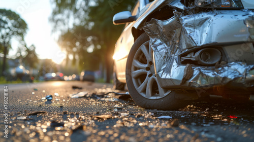 Damaged silver car with a dented door and shattered front section, indicating a recent car accident on a sunlit road with debris scattered around.