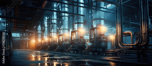 The large industrial factory is brimming with a complex network of pipes, showcasing its role in industrial gas production. Liquid nitrogen tanks and heat exchanger coils are visible, highlighting the