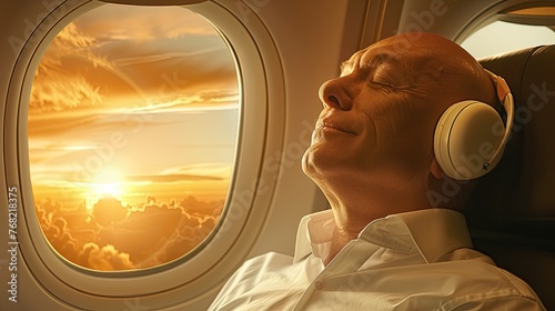 view from airplane window. sleep at airplaine. bold man Generative AI photo