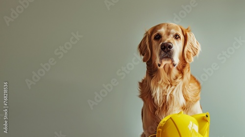 Capturing the essence of World Safety Day, a golden retriever sits majestically against a serene background, donning a bright yellow safety helmet.