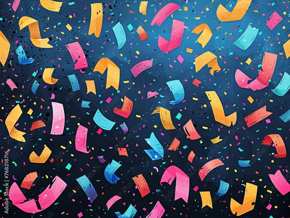 A tabletop scattered with confetti in a rainbow of colors illustrated in a flat 2D style A tabletop scattered with confetti in a rainbow of colors illustrated in a flat 2D style