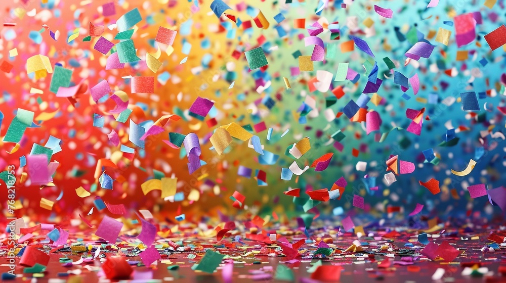 A tabletop scattered with confetti in a rainbow of colors illustrated in a flat 2D style A tabletop scattered with confetti in a rainbow of colors illustrated in a flat 2D style
