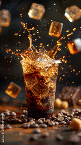 Cola with ice cubes and falling drops on dark background, closeup