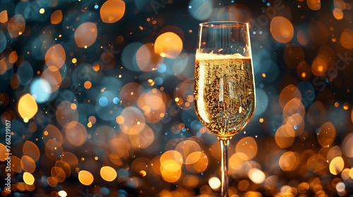 Champagne glass with sparkling lights on bokeh photo