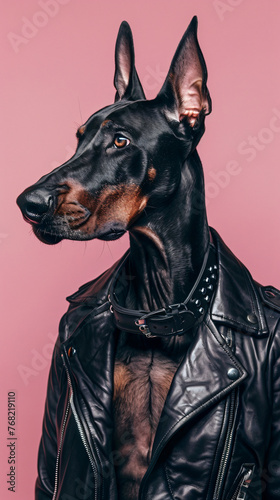 a pink background and a doberman dressed in a black with leather jacket © Pana