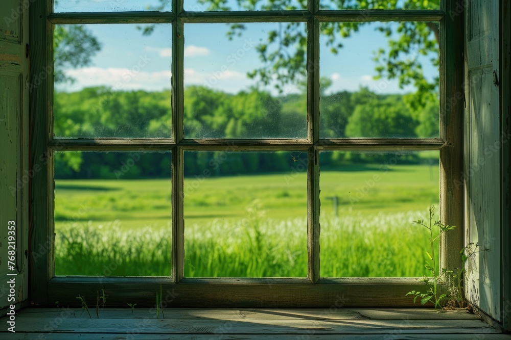 Closed Window - Sunny View of a Lush Green Meadow on a Beautiful Spring Day Closed Window - Sunny View of a Lush Green Meadow on a Beautiful Spring Day