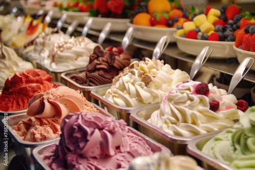 Classic Italian Gelato Display in Beautifully Decorated European Shop. Colourful and Creamy Dairy Treats to Tempt the Taste Buds!