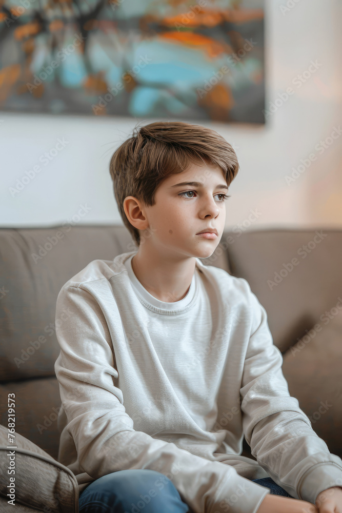 A teenage boy sits on the couch at a psychologist's appointment. Teenage Boy portrait in Thoughtful Conversation. 