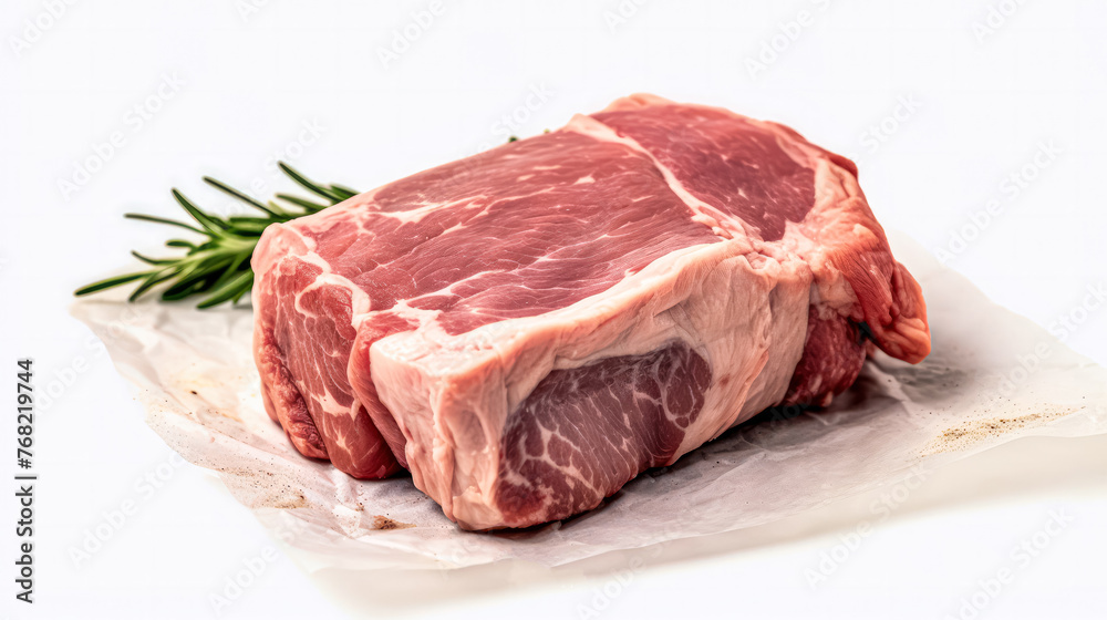 A piece of meat is on a white background with some herbs and spices.