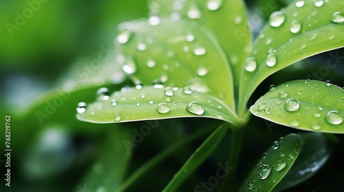 Beautiful drops of morning dew or water with sunlight reflection on green leaf on a greenery blurred background.