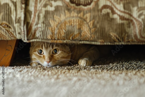 Cat Hiding Under the Couch. A Closeup Shot of a Hidden Felino on Home Carpet, Alone and Scared