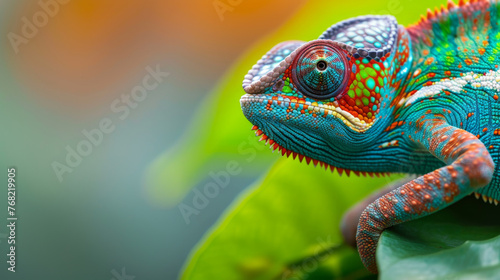 colorful chameleon perched on a green leaf photo