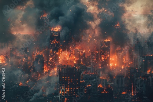 Destruction City: View of Disastrous City with Burning Buildings, Smoke and Explosions