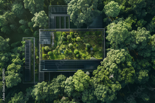A lush green forest with a building in the middle