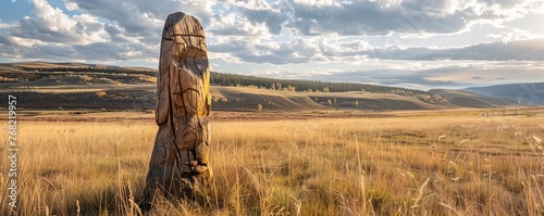 wooden totem in the field. photo