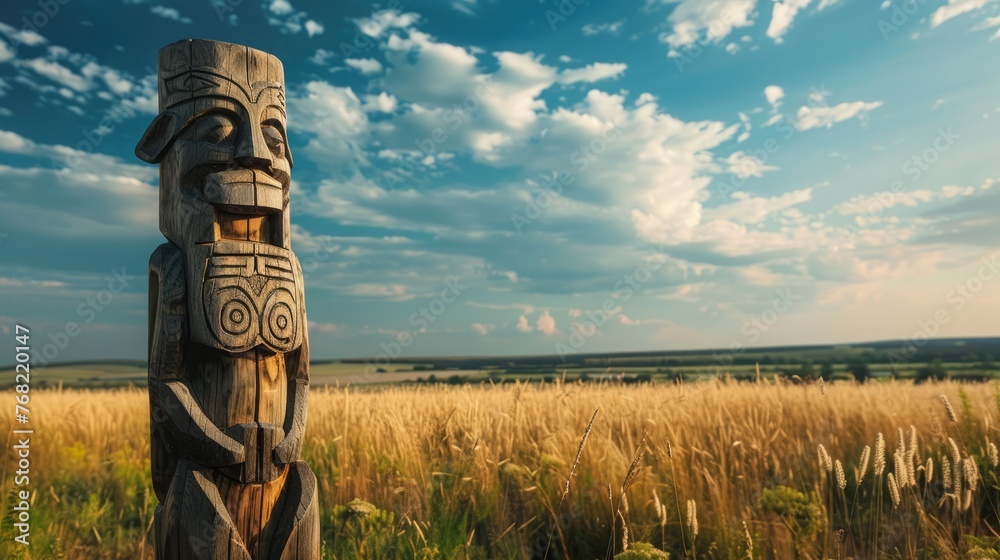 wooden totem in the field. wooden totem in the field.
