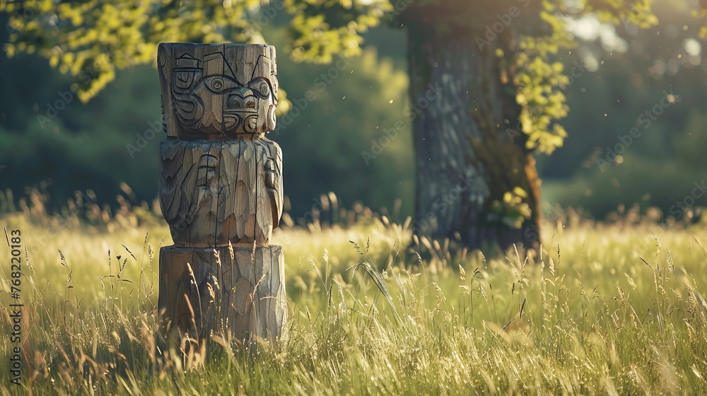 wooden totem in the field. - obrazy, fototapety, plakaty 