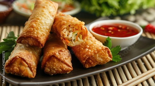 Satisfy Your Cravings with Delicious Egg Rolls - Perfect Lunch or Dinner Snack with Chicken and Cabbage, Served with Sweet and Sour Sauce