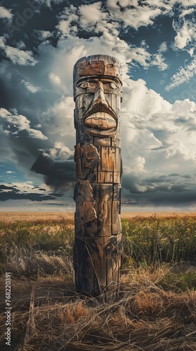 wooden totem in the field. © Yahor Shylau 
