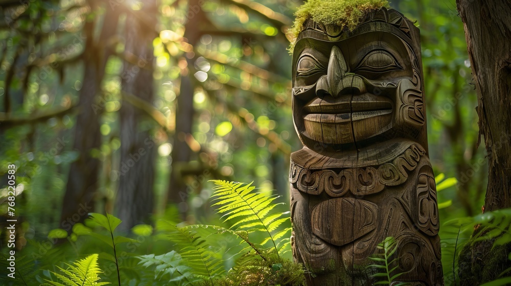 wooden totem in the forest. wooden totem in the forest.