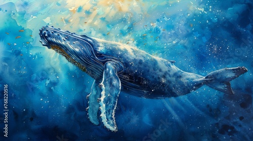 Illustration of a humpback whale in watercolor. Underwater fauna.