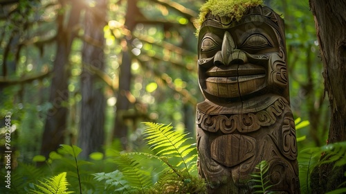 wooden totem in the forest. photo