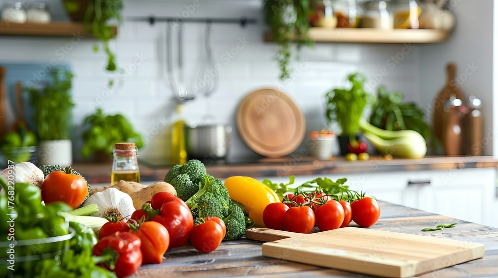A bright white modern kitchen, enhanced with fresh vegetables and fruits on a wooden table, symbolizing a space ready for a renovated, furnished studio or apartment, ideal for rent and mortgage A bright white modern kitchen, enhanced with fresh vegetables and fruits on a wooden table, symbolizing a space ready for a renovated, furnished studio or apartment, ideal for rent and mortgage