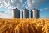 Silos in a wheat field. Storage of agricultural product	