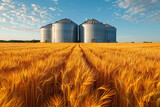 barley field. Storage of agricultural products. elevator and wheat field