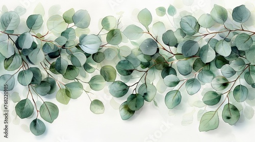 An isolated watercolor painting of a bouquet of green eucalyptus leaves and branches. Perfect for cards, invitations, posters and save the dates.