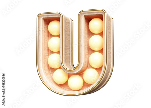 3D rendering luminous letter U made of wood. Retro style lettering design with light bulbs. High quality 3D rendering.