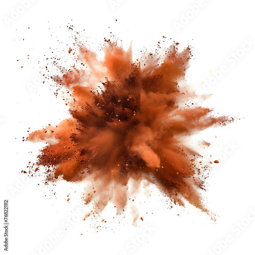 Brown color powder explosion on white background. Colored cloud