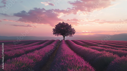 Lavender rows lines at sunset iconic Provence fields landscape
 photo