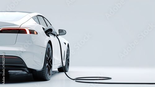 Electric white car charge battery energy in station. Banner on white background with copy space concept. photo