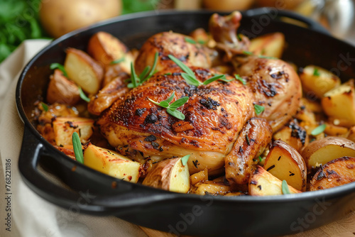 Whole baked golden crispy chicken in a pan cooked with potatoes.
