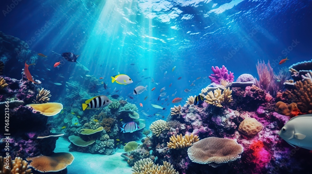 Naklejka premium Beautiful underwater view with various coral reef and fishes and sun rays. Sea world underwater. Diving and snorkeling concept background.