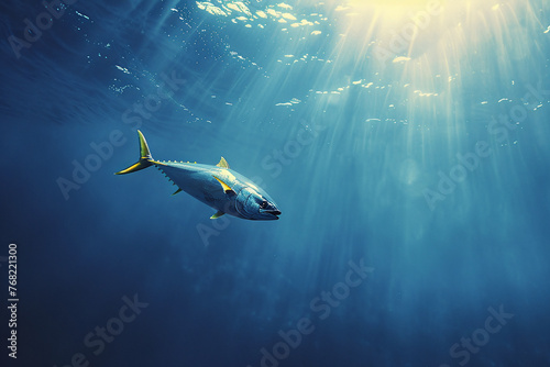 A large tuna swims through clear blue water, with sun rays penetrating the water photo