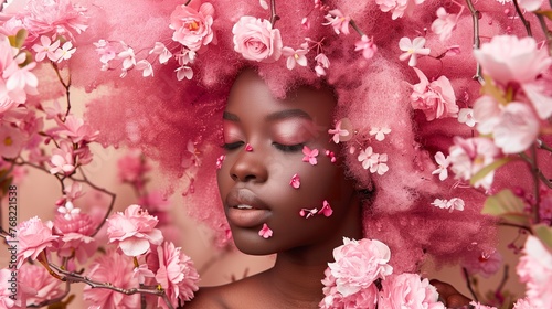 Young African woman with pastel pink afro hair adorned with flowers