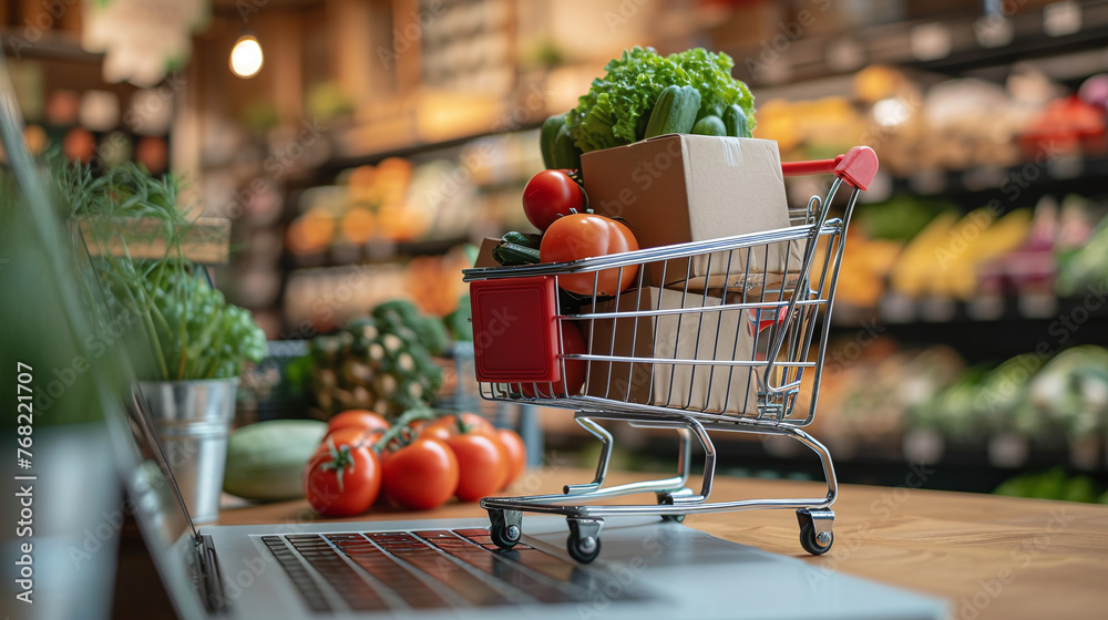 Fresh vegetables in shopping cart, laptop. Online shopping, Lifestyle concept