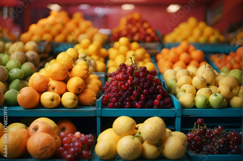 A fresh fruit assortment in blue crates with a focus on ripe seasonal harvest and the farmer's market vibe photo